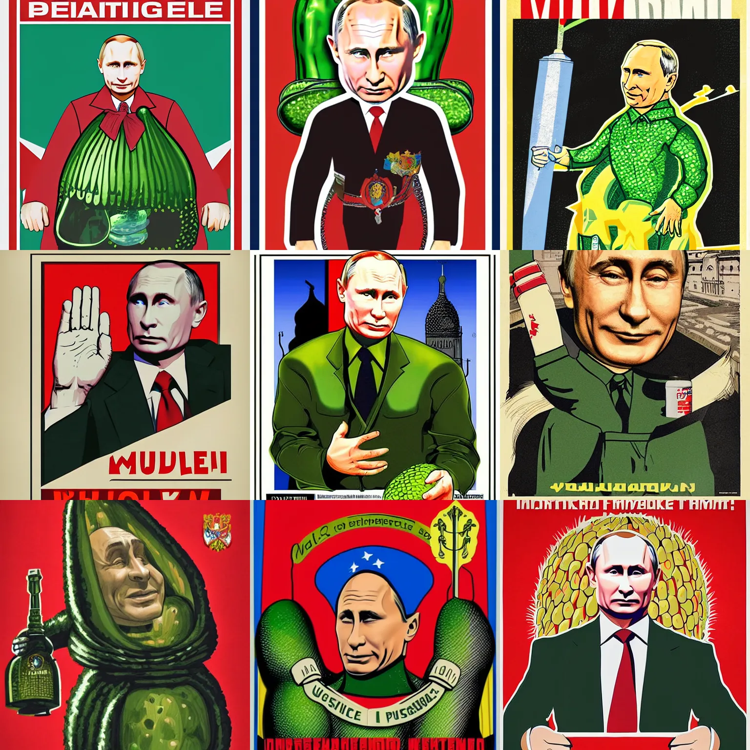 Prompt: propaganda poster of vladimir putin inside a pickle costume, highly detailed