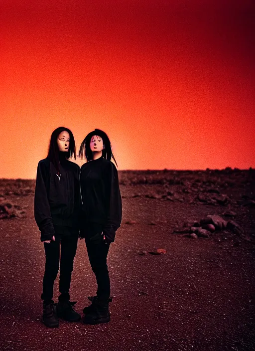 Image similar to cinestill 5 0 d photographic portrait of two loving female androids wearing rugged black techwear on a desolate plain with a red sky, extreme closeup, lizard on ground, cyberpunk style, in front of a brutalist dark metal facility, dust storm, 8 k, hd, high resolution, 3 5 mm, f / 3 2, ultra realistic faces