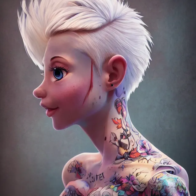 Image similar to full body pose, beautiful adult fairy, pixar, short white hair shaved sides, dirty, grungy, grunge, long sleeve, painted overalls, stacks of giant books, highly detailed, 4 k, hdr, smooth, sharp focus, high resolution, award - winning photo, artgerm, photorealistic