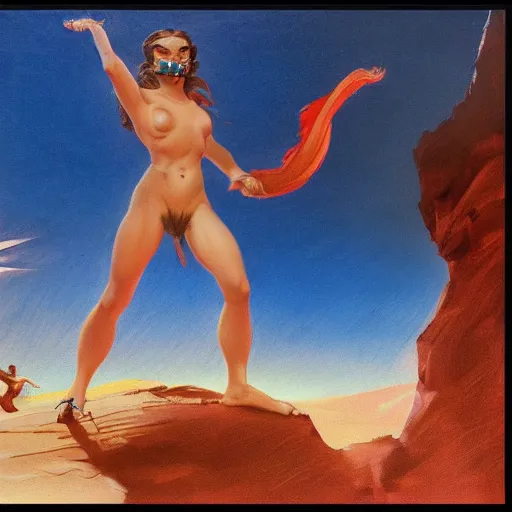 Image similar to Silk sheet desert ecstasy Bedouin under crimson azure diamond sky, in the style of Frank Frazetta, Jeff Easley, Caravaggio, extremely clear faces coherent, clear lines, 8K revolution