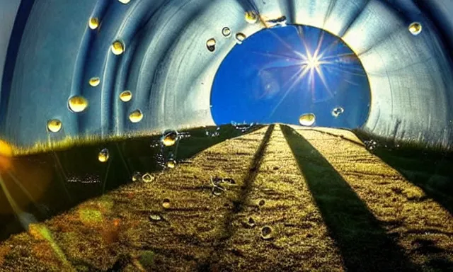 Image similar to beautiful picture of a sunny blue sky with a magical vertical cylindrical tunnel of big upside-down raindrops floating quietly