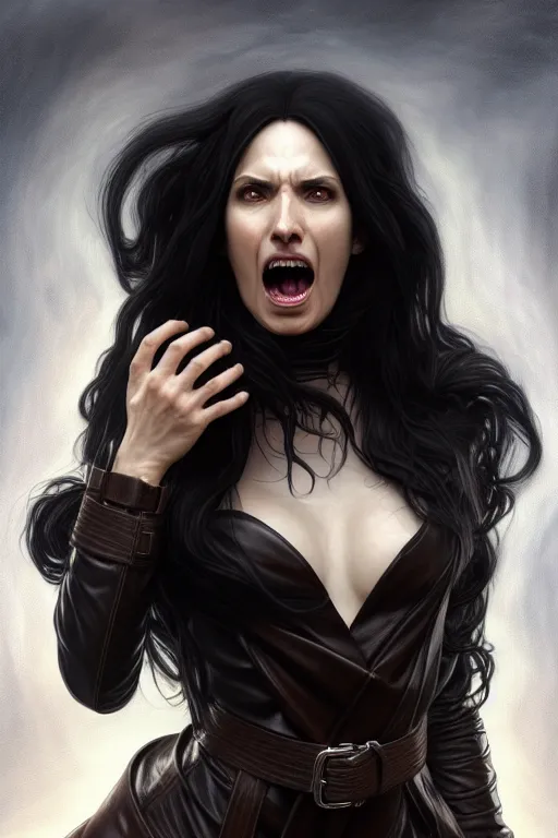 Prompt: portrait of a long black haired woman screaming with here eyes wide open in the style of mass effect, leather trench coat, intricate, elegant, highly detailed, digital painting, artstation, concept art, smooth, sharp focus, illustration, art by artgerm and greg rutkowski and alphonse mucha, 8 k