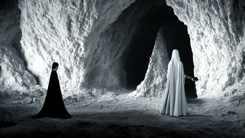 Prompt: a woman in a white gown with a knife in hand approaches a black marble cave, film still from the movie directed by ari aster with art direction by Zdzisław Beksiński, wide lens