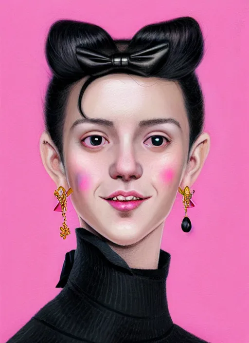 Image similar to portrait of high school girl, realistic, black hair, bangs, half updo hairstyle, pointy nose, skinny, smile, ugly, defined jawline, big chin, pink hair bow, earrings, intricate, elegant, glowing lights, highly detailed, digital painting, artstation, sharp focus, illustration, art by wlop, mars ravelo and greg rutkowski