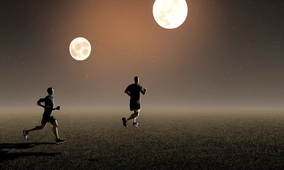 Prompt: A man was running alone under the huge moon toward the distant door,featured in artstation, cinematic, elegant, , 8k