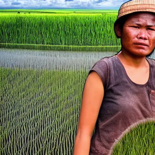 Prompt: a very realistic photo by Karah Mew of an Indonesian farmer looking sadly at a rice field that has become a multi-storey building, depicted with a very detailed, realistic depiction of the face, photographed with a huawei p30 pro camera