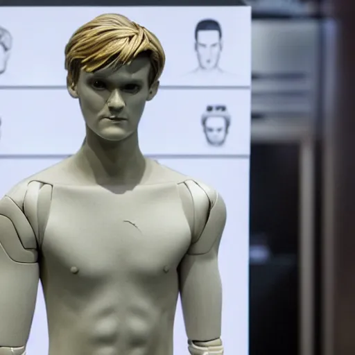 Prompt: a realistic detailed photo of a guy who is an attractive humanoid who is half robot and half humanoid, who is a male android, soccer player martin ødegaard, shiny skin, posing like a statue, blank stare, by the pool, on display, showing off his muscles, humanoid robot