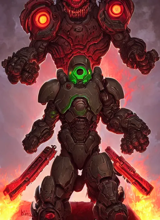 Image similar to ( doom ) cover featuring doom slayer!! surrounded by demons, cyberdemon, by kenneth scott, artstation, vivid gaze