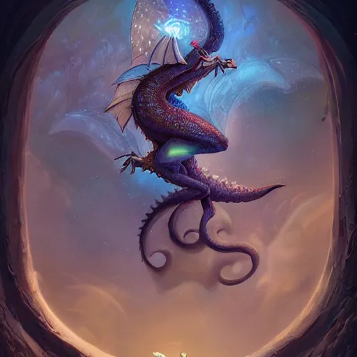 Image similar to a hyperrealistic illustration of a cute and tiny dragon that glows in the dark, dragon baby, glow in the dark, fractal moonlight, little dragon with glowing scales, award - winning, masterpiece, in the style of tom bagshaw, cedric peyravernay, peter mohrbacher