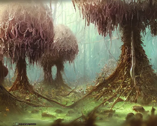 Image similar to alien forest with strange alien plants and fungi, award winning concept art trending on artstation