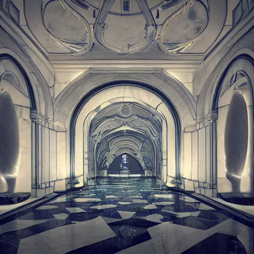 Image similar to the grand magical entrance, marble floors, art by kotaro chiba, volumetric lighting, epic composition