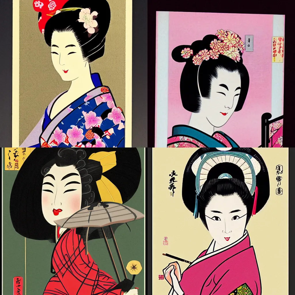 Prompt: a beautiful geisha in the style of showa era