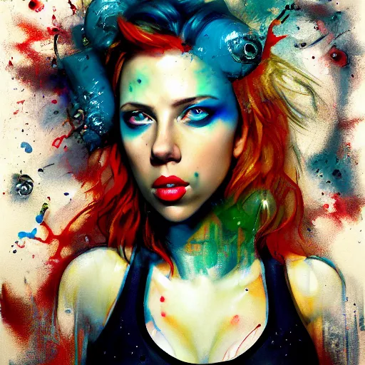 Prompt: drunken scarlett johansson as delirium from sandman, one green eye and one blue eye, ( hallucinating colorful soap bubbles ), by jeremy mann, by sandra chevrier, by dave mckean and richard avedon and maciej kuciara, 8 0's, punk rock, tank girl, high detailed, 8 k