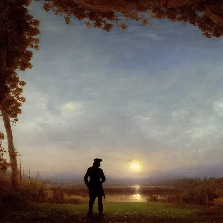 Prompt: romantic painting, wide shot of a lone figure in fancy dress watching an enormous television screen playing a football game, highly detailed, sublime, hyperrealistic, painted by caspar david friedrich and albert bierstadt, trending on artstation 8 k