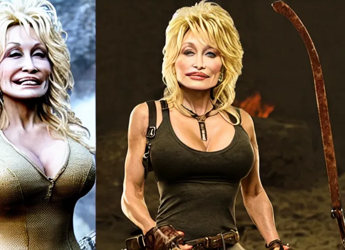 Image similar to film still of!!!! dolly parton!!! as lara croft in new tomb raider movie, 8 k