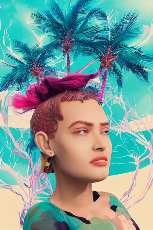 Prompt: epic 3 d abstract 🇵🇷 headset hacker, spinning hands and feet, 2 0 mm, plum and teal peanut butter melting smoothly into asymmetrical cherry blossoms palm trees and mangroves, thick wires, liquid cooled desktop, beautiful code, houdini sidefx, trending on artstation, by jeremy mann, ilya kuvshinov, jamie hewlett and ayami kojima