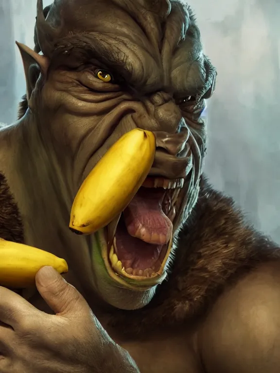 Image similar to portrait art of an orc using a banana as a phone, 8k ultra realistic , lens flare, atmosphere, glow, detailed, intricate, full of colour, cinematic lighting, trending on artstation, 4k, hyperrealistic, focused, extreme details, unreal engine 5, cinematic, masterpiece