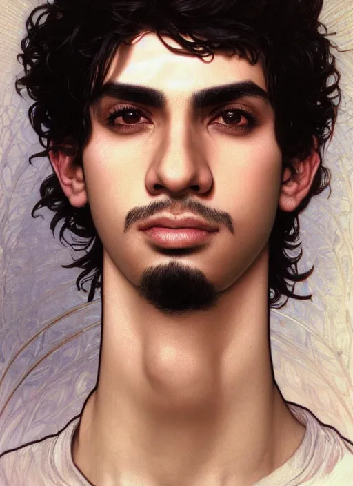 Prompt: realistic detailed face portrait of a young arabic man with short black hair dressed with a simple white t - shirt, white background white bank studio light, art by yoshitaka amano, alphonse mucha, ayami kojima, greg hildebrandt, and mark brooks, high qualit 8 k