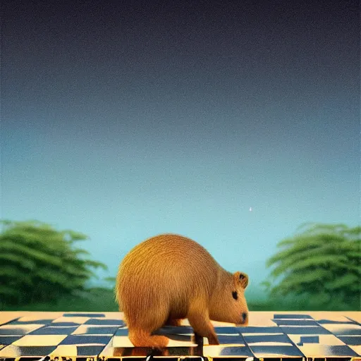 Prompt: symmetry!! a close - up octane render of a tiny cute capybara holding chess piece, city park, magic, intricate ， smooth line, light dust ，, unreal engine, mysterious dark background, warm top light, loish, rhads, ferdinand knab, greg rutkowski, dan mumford, wlop, beeple