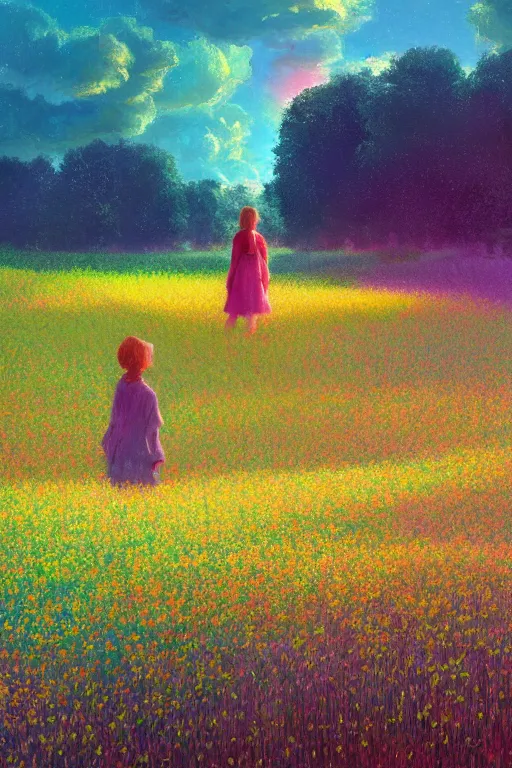 Prompt: flower growing out of girl, standing in a flower field, big trees, sunrise dramatic light, impressionist painting, colorful clouds, digital painting, pointillism, artstation, simon stalenhag