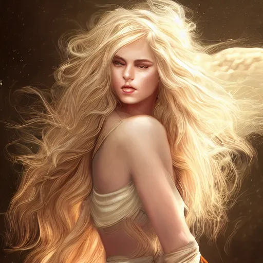 Prompt: A portrait of an attractive young female wind angel, beautiful long wild blond hair, clouds in the back, intricate, highly detailed, elegant, digital painting, trending on artstation