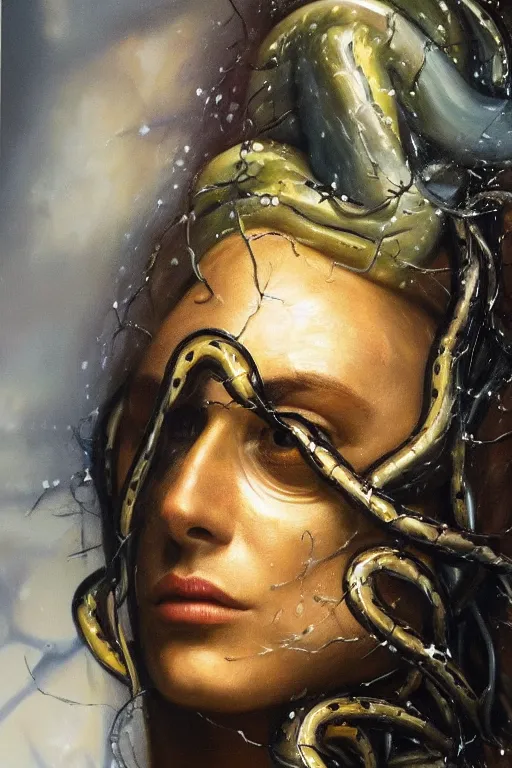 Image similar to hyperrealism oil painting, close - up portrait of face from a tangle of snakes fashion model, knight, steel gradient mixed with nebula sky, in style of baroque