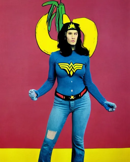 Prompt: a Chimpanzee, dressed as Wonder Woman, wearing Tight Fighting Blue Jeans, stands in front of an Andy Warhol Banana painting on the wall behind her, photographed in the style of Annie Leibovitz, photorealistic