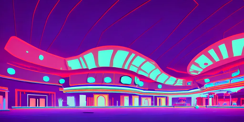 Image similar to minimalistic extreme wide angle curved perspective digital art of cotton indoor casino with a stage pale colors by anton fadeev from nightmare before christmas