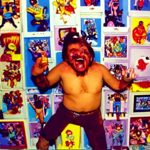 Image similar to crazy toy Pop Figure characterdesign, screaming with drooling mouth open happy, in a Studio by David lachapelle, 90s