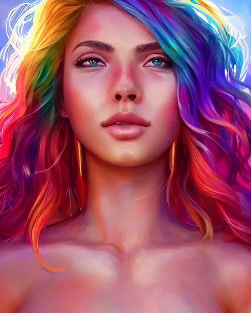Image similar to summer vibes, beautiful sun tanned goddess portrait, flowy rainbow hair, sun, summer, cinematic lighting, highly detailed, digital painting, trending on artstation, pixiv, concept art, sharp focus, illustration, art by ross tran and wlop