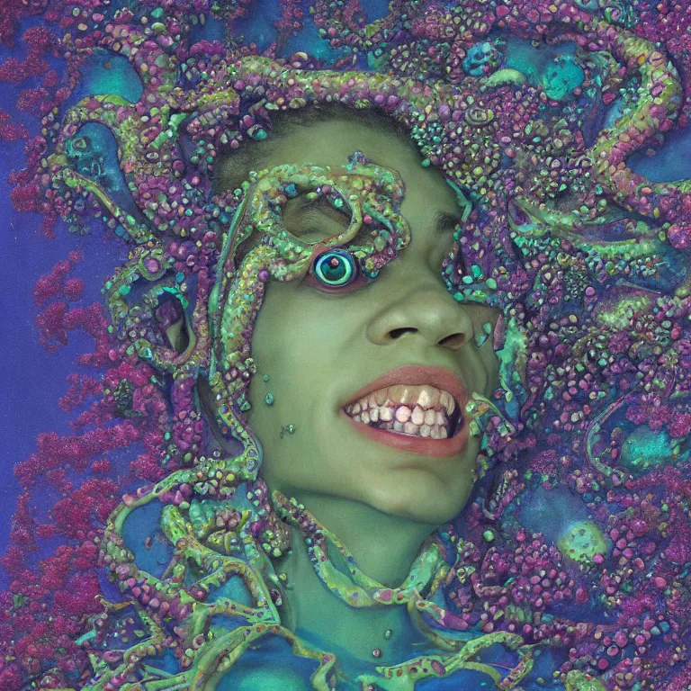 Prompt: Hyperrealistic intensely colored close up studio Photograph portrait of a deep sea bioluminescent Zendaya covered in chromatophores, symmetrical face realistic proportions eye contact golden eyes, laughing and laying on a coral reef underwater, award-winning portrait oil painting by Norman Rockwell and Zdzisław Beksiński vivid colors high contrast hyperrealism 8k