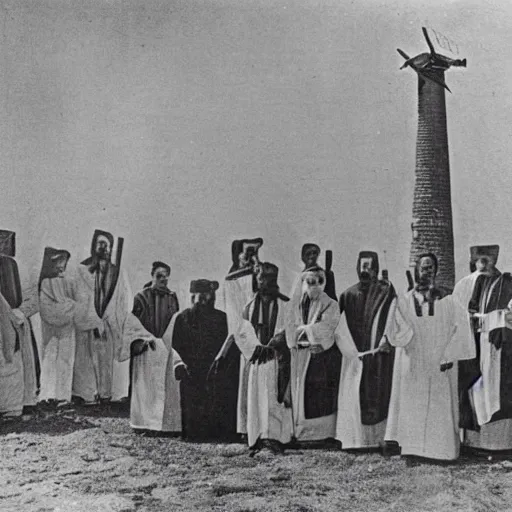 Image similar to worshippers dressed in robes belonging to the cult of the windmill. Dilapidated 1800s windmill. 1800s photo.