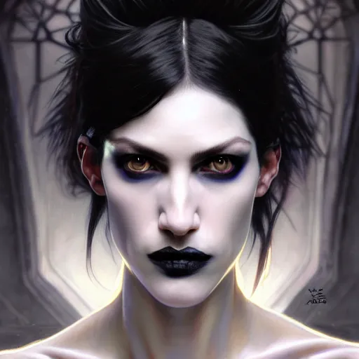 Image similar to portrait painting of an androgynous witch with shoulder length black hair pale skin and beautiful eyes wearing a punk clothes, ultra realistic, concept art, intricate details, eerie, highly detailed, photorealistic, octane render, 8 k, unreal engine. art by artgerm and greg rutkowski and magali villeneuve and alphonse mucha