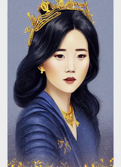 Prompt: full - length portrait of a park so - dam, dressed in a navy blue gown with gold embroidered details, golden brown hair, detailed face, fantasy, cinematic lighting, digital art painting, fine details by realistic shaded lighting poster by ilya kuvshinov katsuhiro otomo, magali villeneuve, artgerm, jeremy lipkin and michael garmash and rob rey