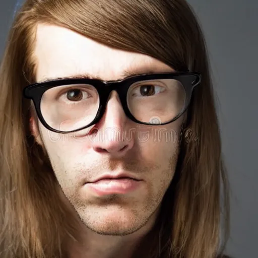 Prompt: full body photo of a guy with chestnut hair long hair glasses as a hostage stock image