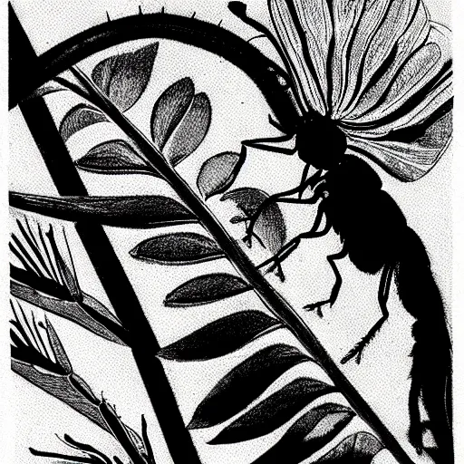 Prompt: house fly, black and white, botanical illustration, black ink on white paper, bold lines