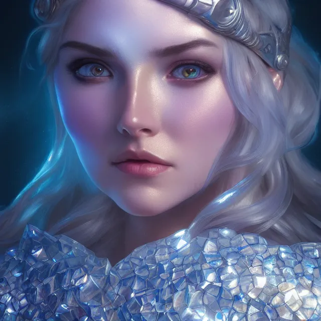 Image similar to close up portrait of a beautiful fantasy female ice warrior wearing shiny crystal armor, subsurface scattering, ethereal, artistic, ice palace background with light rays, fantasy atmosphere. art by artgerm, greg rutkowski and alphonse mucha, 3 d artstation octane render,