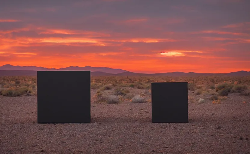 Prompt: giant black reflecting metal cube, standing in the mojave desert, dawn, orange sky, dslr photo, cinematic