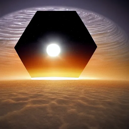 Image similar to hexagon in front of the sun, seen from planet earth, trending on art station, retro futurism, photo realistic, perspective