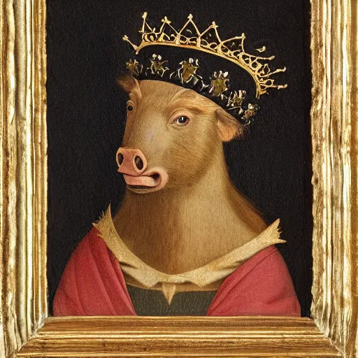 Prompt: a renaissance style portrait of a wild boar (Sus scrofa) wearing a crown and a cape, dark background