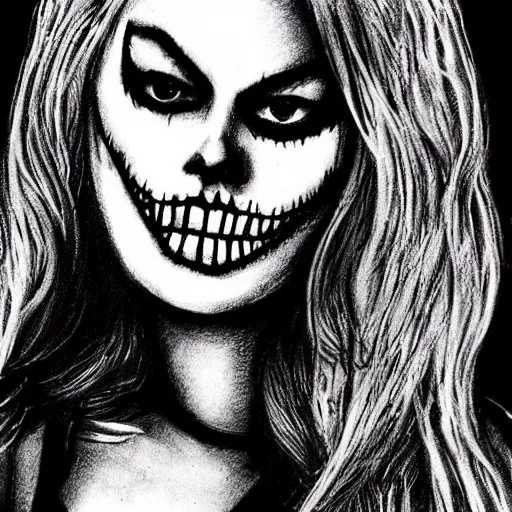 Prompt: grunge drawing of margot robbie in the style of jack skellington