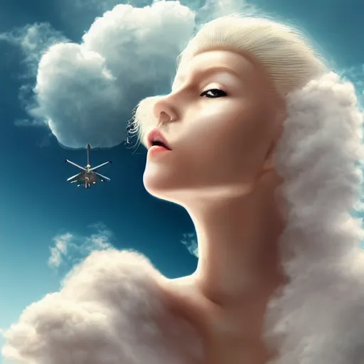 Image similar to goddess wearing a cloud fashion is looking on us from above, photoshop, colossal, creative, albino skin, giant, digital art, photo manipulation, clouds, covered in clouds, girl clouds, on clouds, covered by clouds, airplane in the sky, white hair, digital painting, artstation