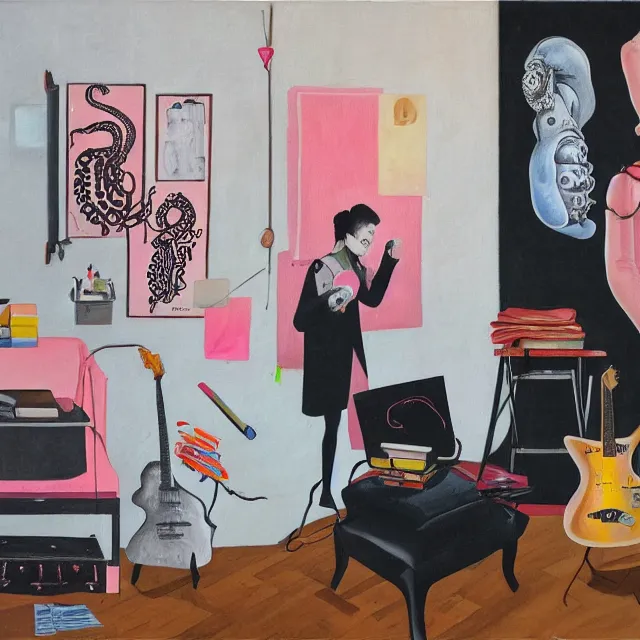 Prompt: a portrait in a female art student's bedroom, black walls, a woman reading das kapital, pancakes, sheet music, electric guitar, surgical supplies, ikebana, sensual, octopus, neo - expressionism, surrealism, acrylic and spray paint and oilstick on canvas