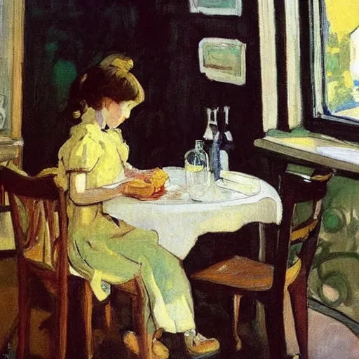 Prompt: a girl with iphones on a table sits at a table in a sunny room, the window is open, girl with peaches, by valentin serov