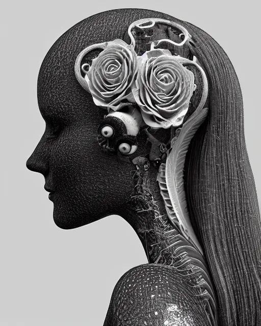 Image similar to mythical dreamy black and white organic bio - mechanical spinal ribbed profile face portrait detail of translucent steampunk beautiful female angelic - human - queen - vegetal - cyborg, highly detailed, intricate crystal ivy jelly ornate, poetic, translucent roses ornate, 3 d render, digital art, octane render, 8 k artistic photography, photo - realistic, by dora maar