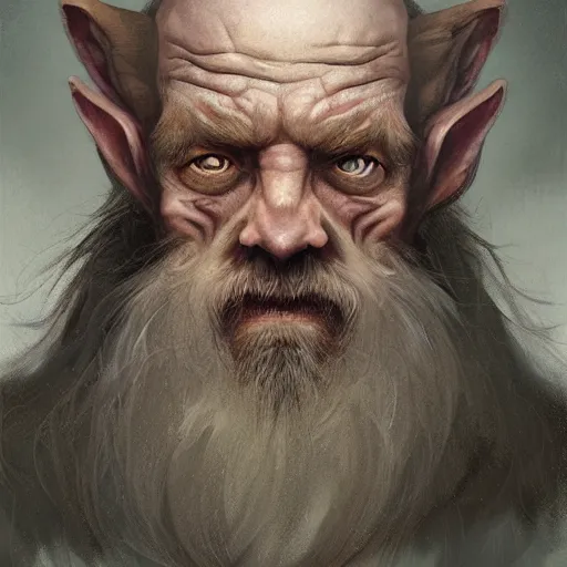 Image similar to a detailed matte head - on portrait painting of an ugly old hobbit man, with a large scar and missing teeth portrait by charlie bowater, lise deharme, wlop, tending on arstation, dungeons and dragon, dnd, pathfinder, fanart, oil on canvas