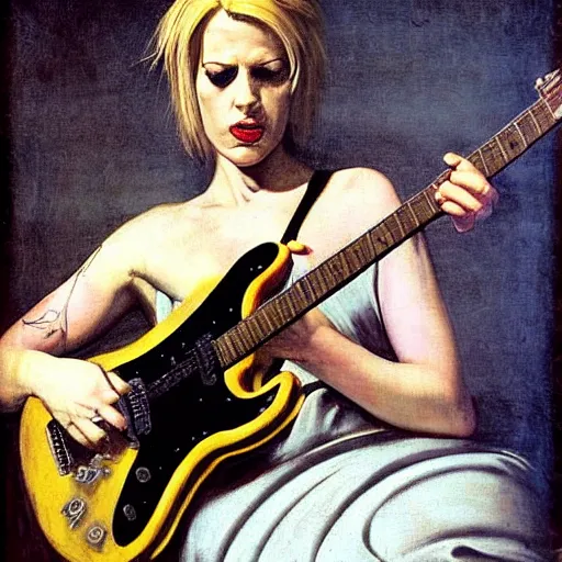 Prompt: Brody Dalle playing electric guitar by Caravaggio, masterpiece