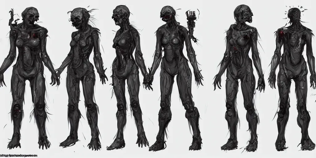 Image similar to sci - fi zombie character concept design ， character design sheet, trending on artstation