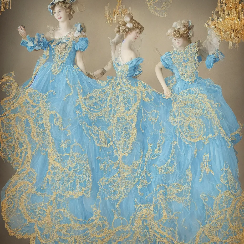 Prompt: blue dress design in the style of rococo ，Victorian era，jellyfish element，Gold lace,dreamy, soft ,Backlight ,luminescence，Aetherpunk,highly detailed,8k