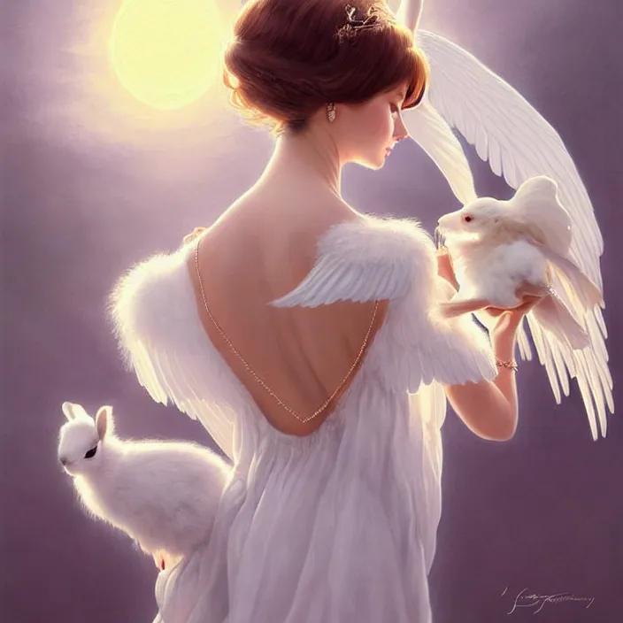 Prompt: Portrait of a cute elegant woman with angelic white wings on her back, holding a rabbit, flying in the eye, luxurious neckless, beautiful long white dress, sunset, warm spring, detailed face, fantasy, anime, vibrant, colorful, intricate details, trending on ArtStation, Deviantart, by WLOP, james gurney, norman rockwell